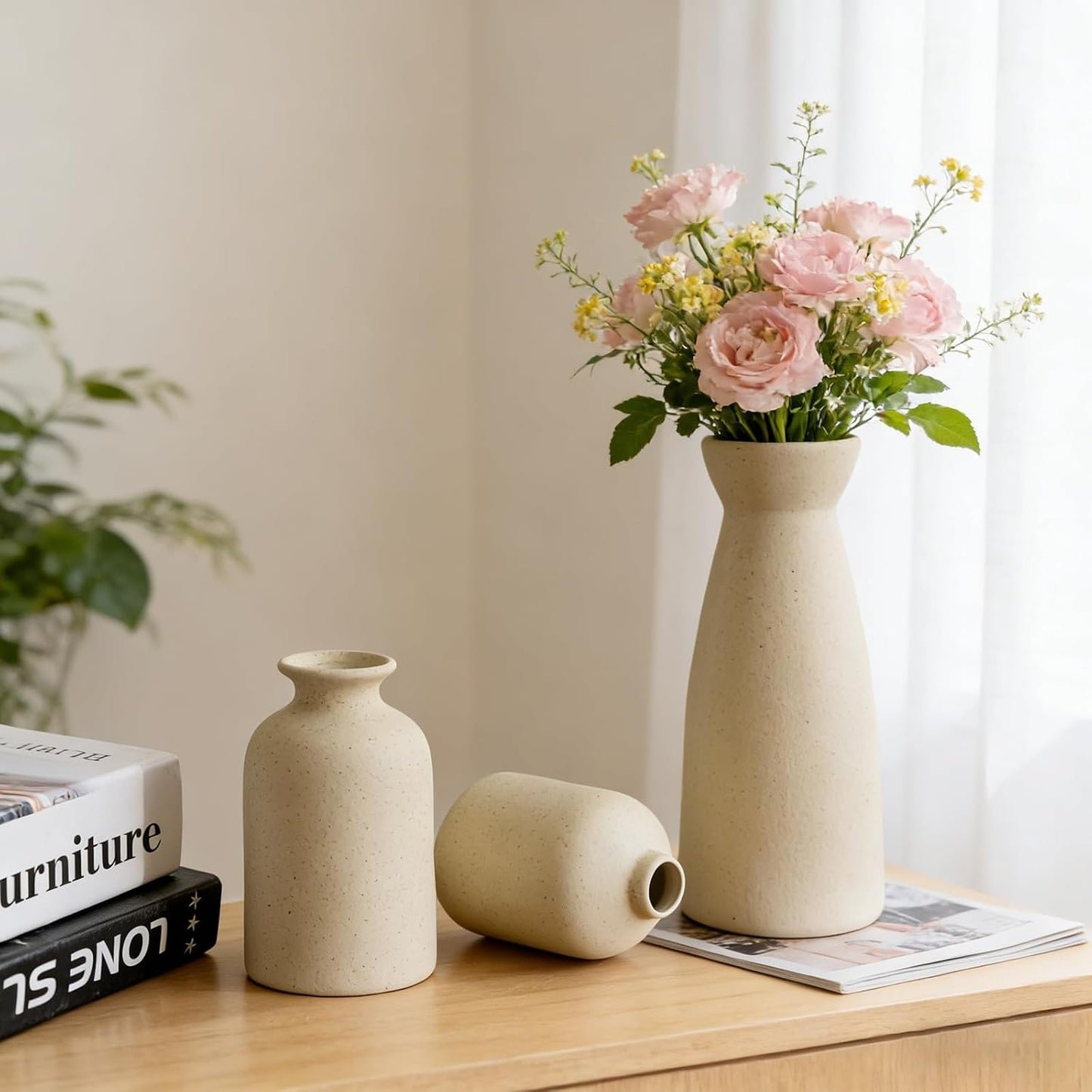 Keramik Vasen Set 3er Blumenvase für Deko Schlafzimmer, Moderne Home Decor Boho Landhaus Rustikale Vase für Pampasgras