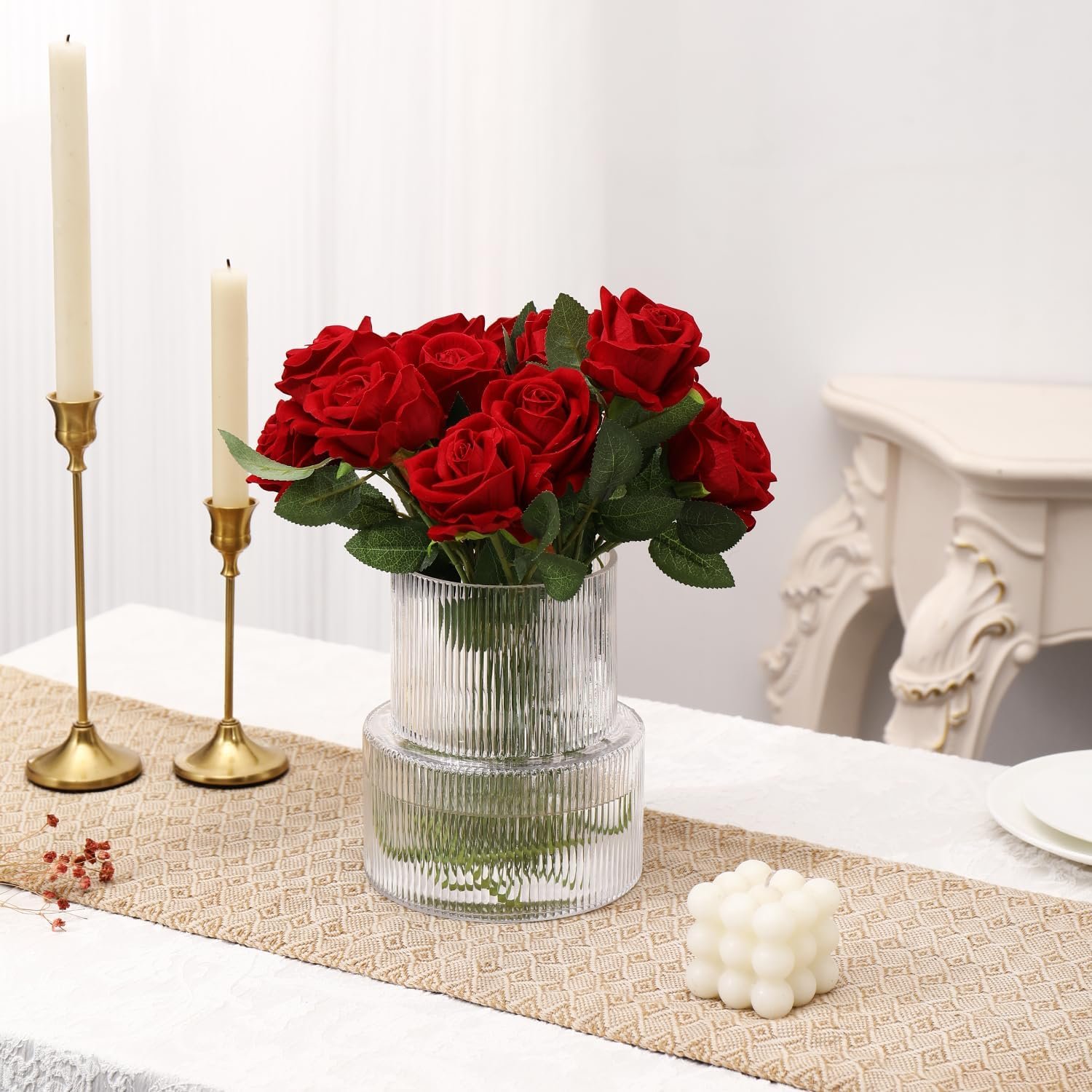 Glasvase, gerippte Vase für Blumen, Blumenvasen für Tulpen, geriffelte durchsichtige Vasen für Wohnzimmer, Esszimmer, Schlafzimmer, Regal, Hochzeit, Büro, Couchtisch, Geburtstag, 19 cm